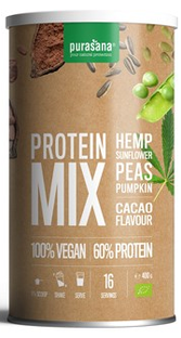 De Online Drogist Purasana Protein Mix Hemp Sunflower Peas Pumpkin Cacao 400GR aanbieding