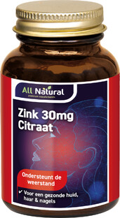 All Natural Zink Citraat 30mg Tabletten 60TB All Natural Zink Citraat 30mg Tabletten 60TB